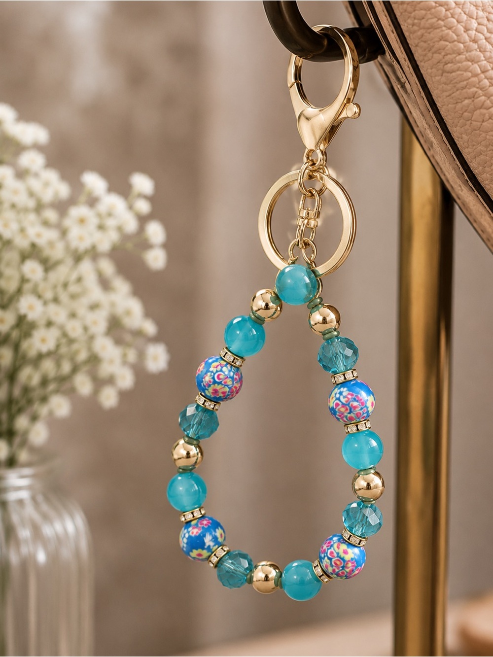 Beaded Teal Keychain Wristlet with Gold Accents